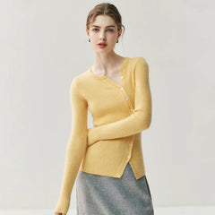 Women's Asymmetric Button Front Fitted Knit Ribbed Cashmere Sweater