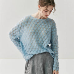 Women's Round Neck Cashmere Silk Openwork Knit Pullover Pointelle Sweater