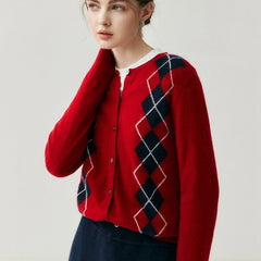 Women's Argyle Soft Cashmere Button Front Knit Cardigan
