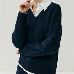 V-Neck Soft Relaxed Fit Pullover Jumper Cable Knit Cashmere Sweater