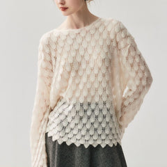 Women's Round Neck Cashmere Silk Openwork Knit Pullover Pointelle Sweater