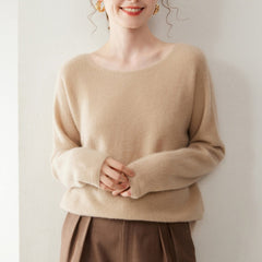 Elegant Relaxed Fit Knit Pullover Women's Cashmere Wool Boat Neck Sweater