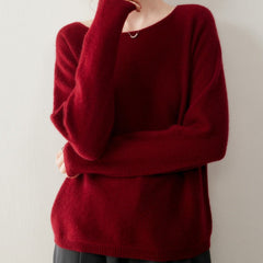 Elegant Relaxed Fit Knit Pullover Women's Cashmere Wool Boat Neck Sweater