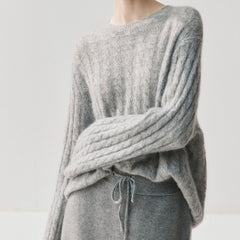 Cashmere Silk Cable Knit Oversized Crew Neck Pullover Sweater