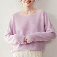 Elegant Relaxed Fit Knit Pullover Women's Cashmere Wool Boat Neck Sweater