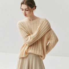 Cashmere Silk Cable Knit Oversized Crew Neck Pullover Sweater