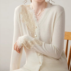 Women's Floral Lace Trim Cashmere Wool V-Neck Knitwear Cardigan