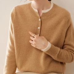 Cashmere Button-Front Knit Pullover Crew Neck Colorblock Sweater
