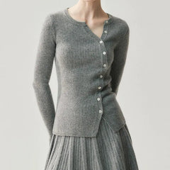 Women's Asymmetric Button Front Fitted Knit Ribbed Cashmere Sweater