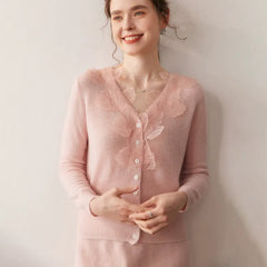 Soft V-Neck Button Front Knit Lace Trim Cashmere Wool Cardigan Sweater
