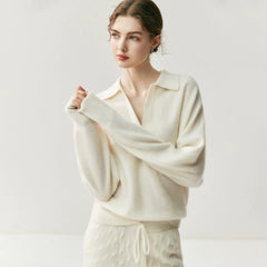 Women's Cashmere Blend Relaxed Knit Pullover Polo Collar Sweater
