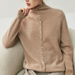 Women's Mock Neck Cashmere Ribbed Cuffs Button Front Sweater Cardigan