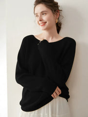Elegant Relaxed Fit Knit Pullover Women's Cashmere Wool Boat Neck Sweater
