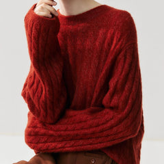 Cashmere Silk Cable Knit Oversized Crew Neck Pullover Sweater