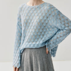 Women's Round Neck Cashmere Silk Openwork Knit Pullover Pointelle Sweater
