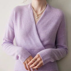 Women's Cashmere Blend Wrap Soft Pullover Sweater with Ribbed Waist