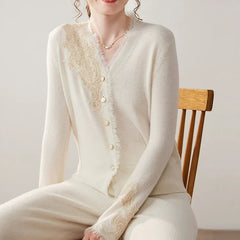 Women's Floral Lace Trim Cashmere Wool V-Neck Knitwear Cardigan