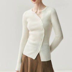 Women's Asymmetric Button Front Fitted Knit Ribbed Cashmere Sweater