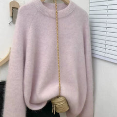 Women's Relaxed Crew Neck Knit Pullover Cashmere Wool Sweater