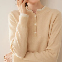 Cashmere Button-Front Knit Pullover Crew Neck Colorblock Sweater
