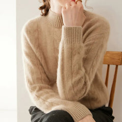 Women’s Pure Cashmere Cable Knit Mock Neck Ribbed Hem Pullover Sweater