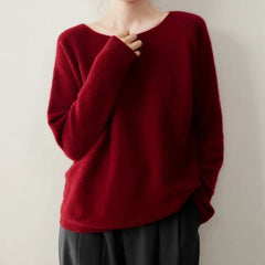 Elegant Relaxed Fit Knit Pullover Women's Cashmere Wool Boat Neck Sweater