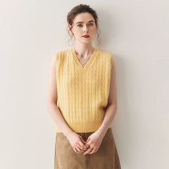 Classic Cable-Knit Cashmere V-Neck Sweater Vest Sleeveless Top
