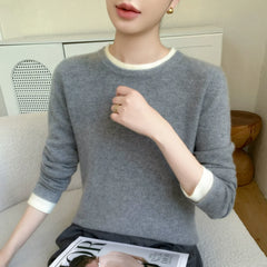 Women's Color-Blocked Contrast Trim Crew Neck Cashmere Sweater