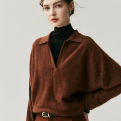 Women's Cashmere Blend Relaxed Knit Pullover Polo Collar Sweater