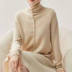 Women's Mock Neck Cashmere Ribbed Cuffs Button Front Sweater Cardigan