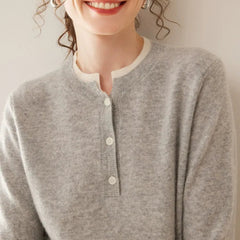 Cashmere Button-Front Knit Pullover Crew Neck Colorblock Sweater