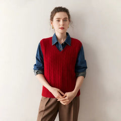 Classic Cable-Knit Cashmere V-Neck Sweater Vest Sleeveless Top