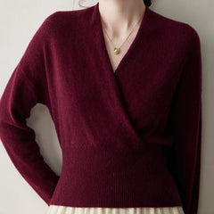 Women's Cashmere Blend Wrap Soft Pullover Sweater with Ribbed Waist