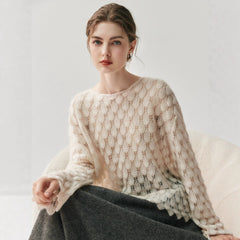 Women's Round Neck Cashmere Silk Openwork Knit Pullover Pointelle Sweater