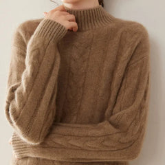 Women’s Pure Cashmere Cable Knit Mock Neck Ribbed Hem Pullover Sweater