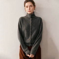 Soft Chic High-Neck Cashmere-Wool  Button-Up Cardigan
