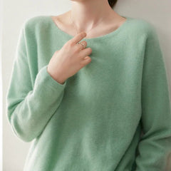 Elegant Relaxed Fit Knit Pullover Women's Cashmere Wool Boat Neck Sweater