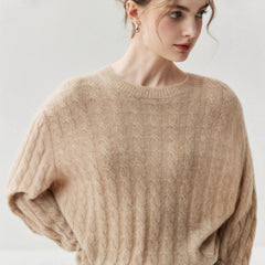 Cashmere Silk Cable Knit Oversized Crew Neck Pullover Sweater