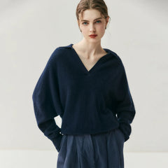 Women's Cashmere Blend Relaxed Knit Pullover Polo Collar Sweater