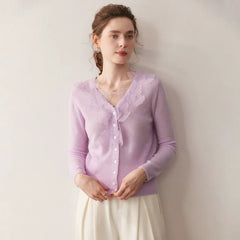 Soft V-Neck Button Front Knit Lace Trim Cashmere Wool Cardigan Sweater