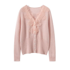 Soft V-Neck Button Front Knit Lace Trim Cashmere Wool Cardigan Sweater