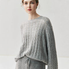 Cashmere Silk Cable Knit Oversized Crew Neck Pullover Sweater