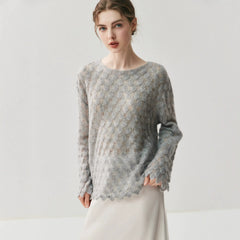 Women's Round Neck Cashmere Silk Openwork Knit Pullover Pointelle Sweater