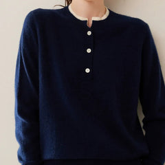 Cashmere Button-Front Knit Pullover Crew Neck Colorblock Sweater