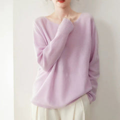 Elegant Relaxed Fit Knit Pullover Women's Cashmere Wool Boat Neck Sweater
