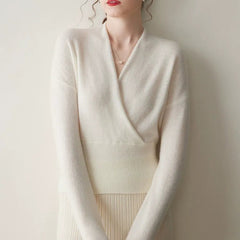 Women's Cashmere Blend Wrap Soft Pullover Sweater with Ribbed Waist