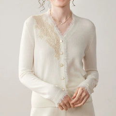 Women's Floral Lace Trim Cashmere Wool V-Neck Knitwear Cardigan
