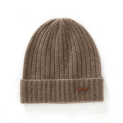 100% Cashmere Ribbed Knitted Beanie Cuffed Hat with Logo Patch