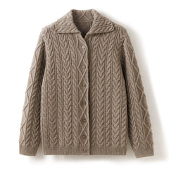 Cashmere Cable Knit Button-Up Thick Lapel Sweater Cardigan