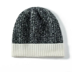 Two-Tone Cashmere Ribbed Knit Cashmere Beanie Hat